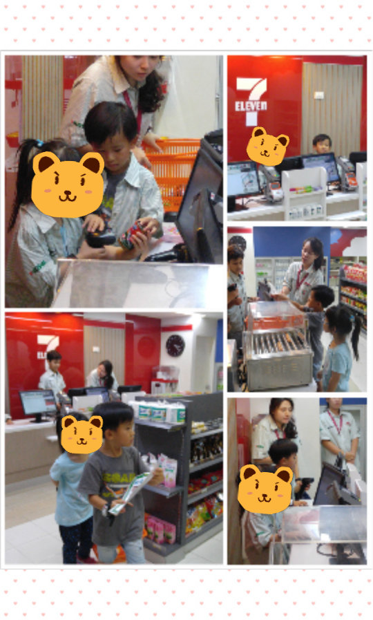 便利店有兩個角色要扮演,他們會分成兩組,輪流做店員和顧客。工作人員會給購物清單給顧客,然後他們要把物品找出來並放進購物籃,點齊物品後便到收銀處付款。然後對調身份,收銀員要學會用 bar code scanner和收銀機,對他們來說最是有趣,因為平時跟媽媽去購物,皓禧很喜歡伸手到 bar code scanner前被它掃瞄一下,今次他自己可以操作它,滿足感勝過一切。
